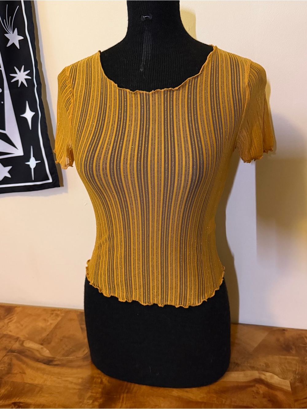 Womens Top S Mustard Cropped Sheer Ribbed Ruffle Flirty Festival Y2K Coquette